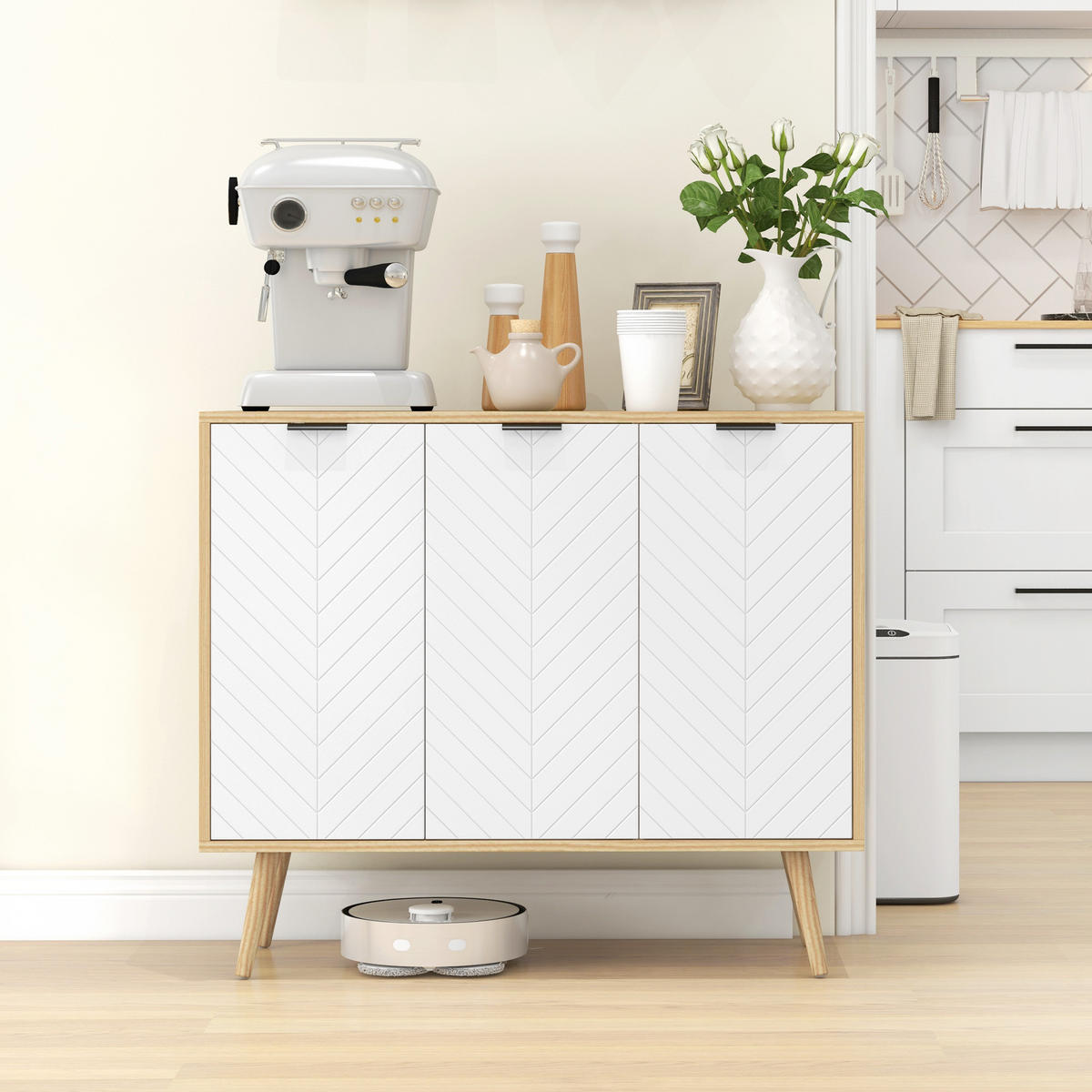 SIDEBOARD DE-11148 Chevron-Muster, 2 Türen Naturholz - Naturfarben, Holzwerkstoff (91.5/77.4/35cm) - ComfortXL