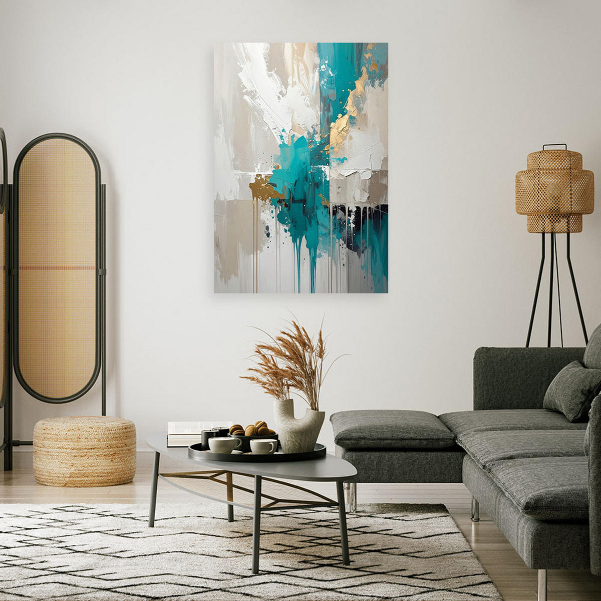 WANDBILD, Türkis graue Abstrakt - Türkis, Textil (80/120cm) - Feeby
