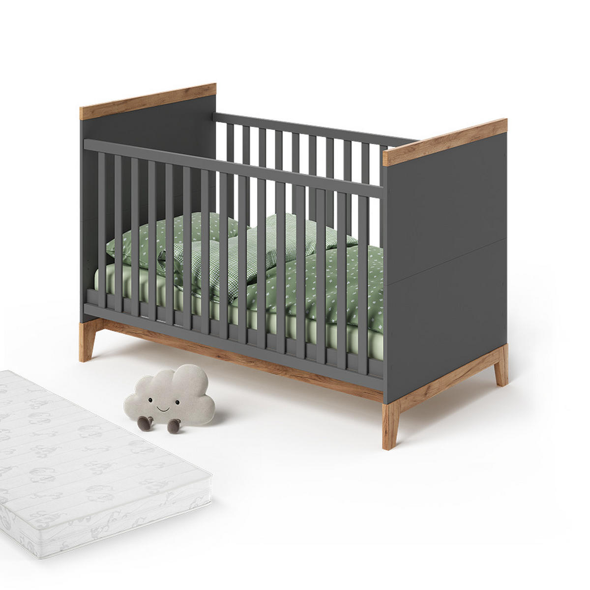 BABYBETT Malia Grau/Artisan 70x140 cm mit Matratze - Hellgrau/Grau, Holzwerkstoff - VitaliSpa