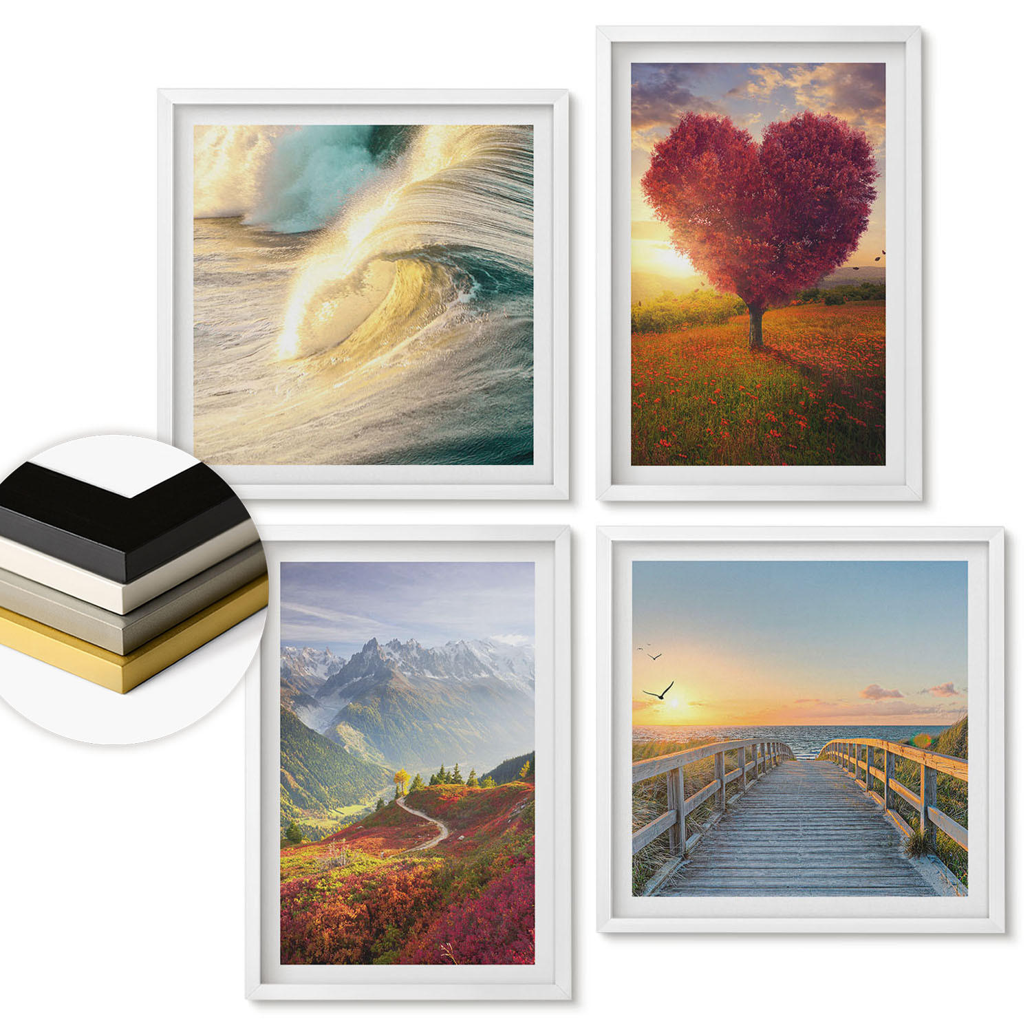 WANDBILDER 4er-Set - 50x50 cm & 40x60 cm Weißer Rahmen - Landschaften Berge Wellen Baum Herz Pier - Weiß, Kunststoff (50/50cm) - ArtPrintCave