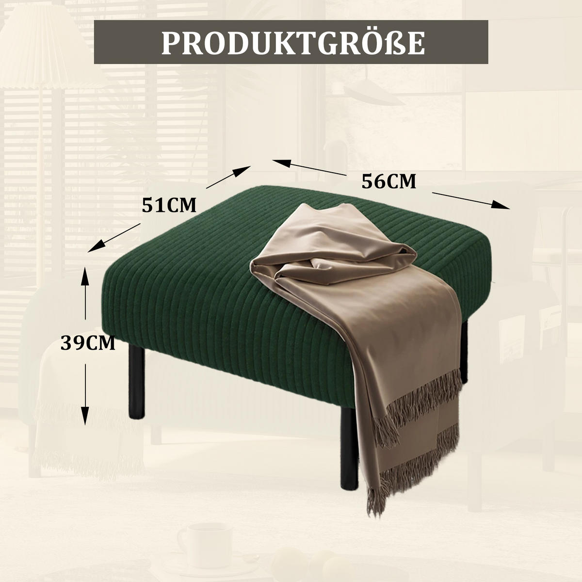 HOCKER Fußhocker Cord,Grün - Grün, Textil (56/39/51cm) - LVHOM