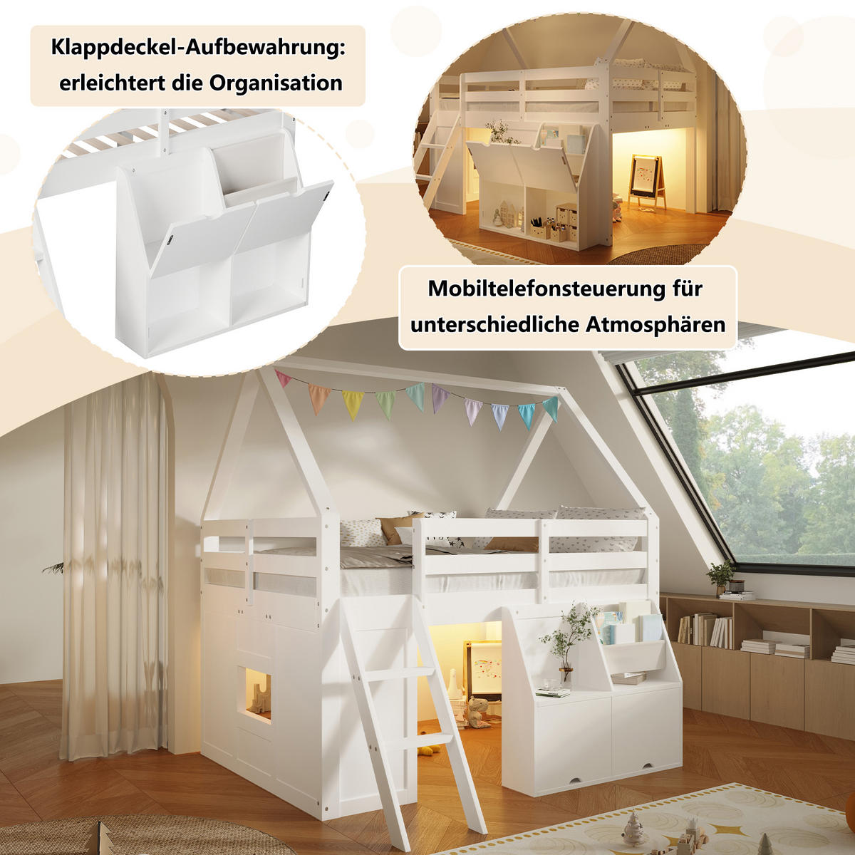 HOCHBETT 140/200 cm in Weiß mit Treppe, LED und Aufbewahrungsboxen im Hausdesign - Weiß, Holzwerkstoff (140/200cm) - STILVORA