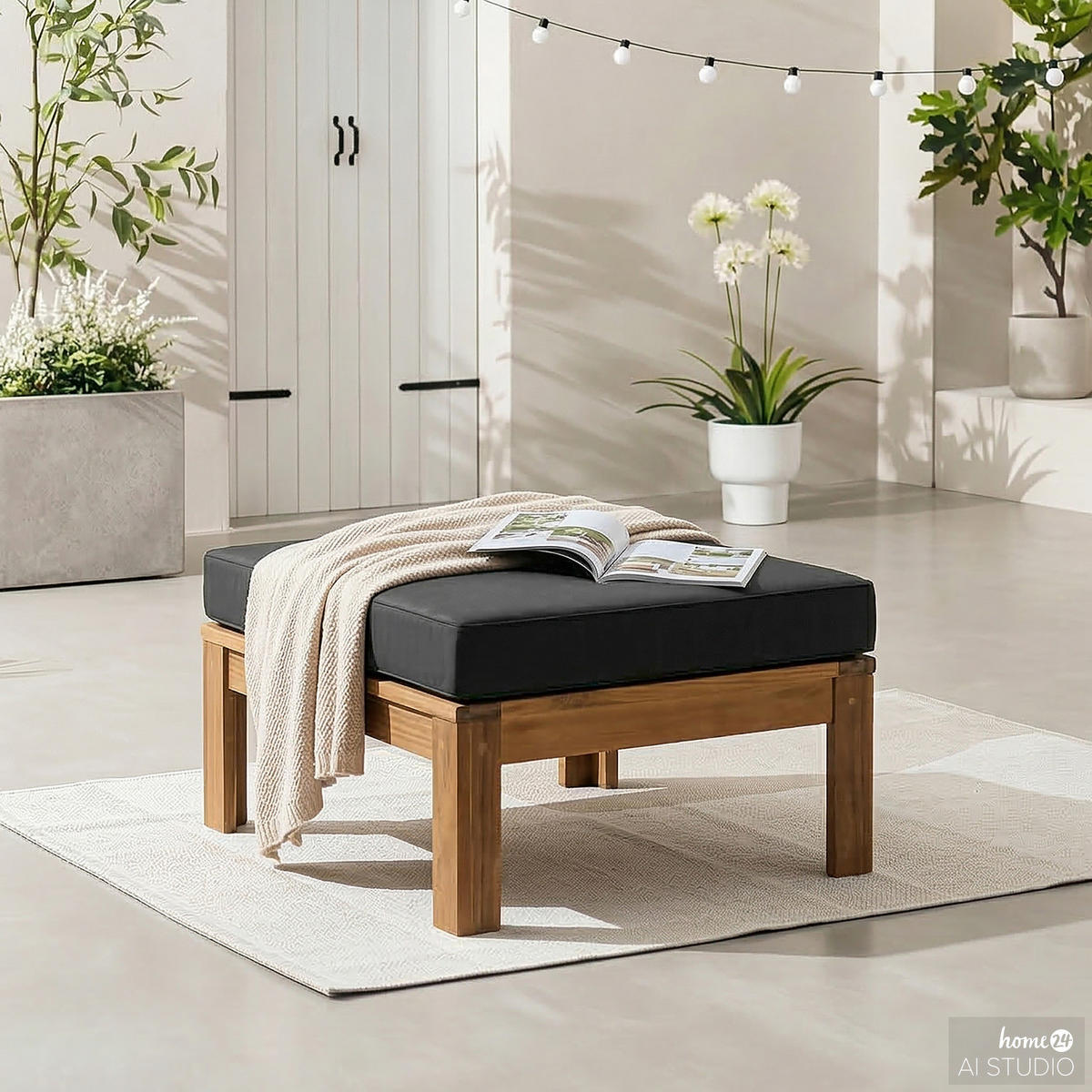 LOUNGEHOCKER - Webstoff / Akazie massiv - Anthrazit, Holz/Textil (60/38/60cm) - home24