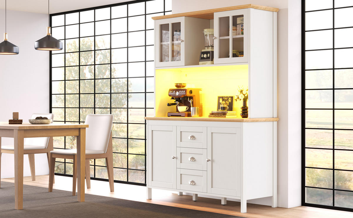 ANRICHTENSCHRANK 120x40x179 cm, 4 Türen, 3 Schubladen, LED-Beleuchtung, Weiß, MDF/METALL - Weiß, Holzwerkstoff (120/179/40cm) - FOHERE