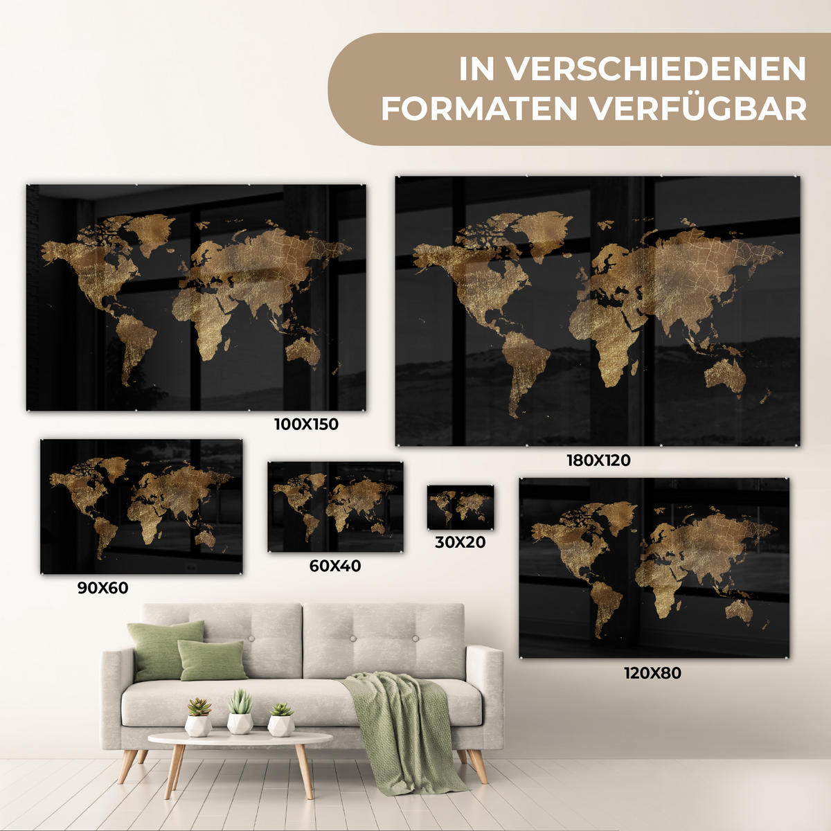 ACRYLGLASBILD Weltkarte - Gold - Luxus - Erde - Schwarz 120x80 cm - Goldfarben, Glas (120/80cm) - MuchoWow