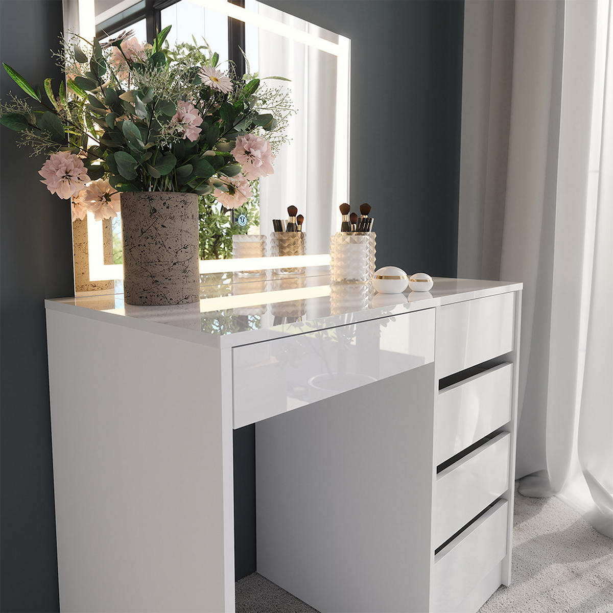 SCHMINKTISCH Sherry Weiß/Weiß Hochglanz 89.8 cm mit LED-Spiegel - Weiß Hochglanz, Holzwerkstoff (89.8/76/50.1cm) - Vicco