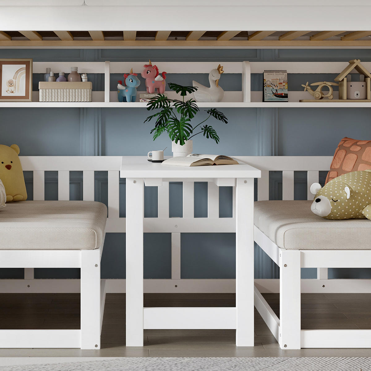 ETAGENBETT 90/200 cm in Weiß & Natur Kinderbett mit Aufbewahrungstreppe, Klapptisch und Regal - Weiß/Naturfarben, Holzwerkstoff (90/200cm) - STILVORA