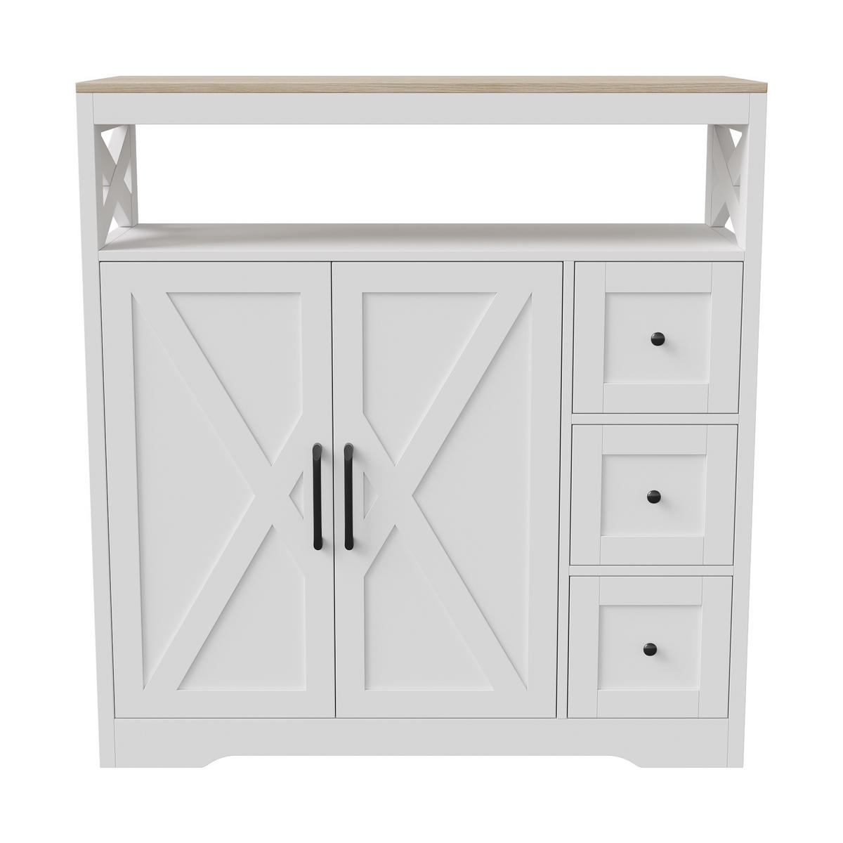 SIDEBOARD 100 cm, Skandinavischer Stil mit Kreuzdekoration, 3 Schubladen, 2 Türen und offenen Regalen, Weiß - Weiß, Holzwerkstoff (100/40/105cm) - Waldena