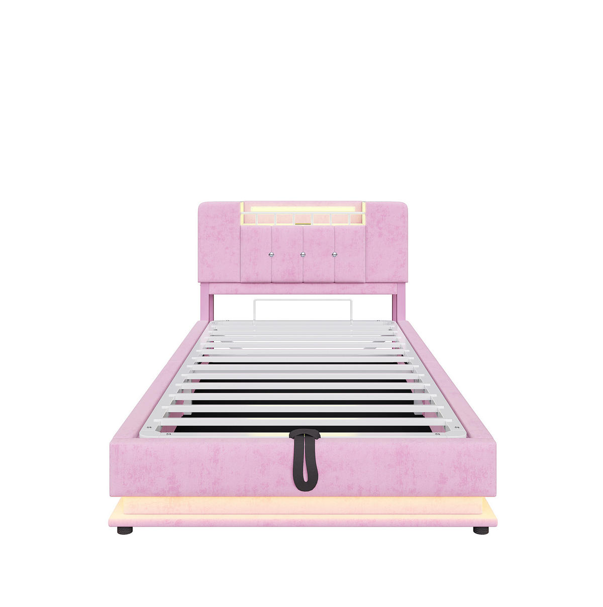 KINDERBETT aus Polsterung 90x200 cm Rosa mit LED-Beleuchtung, USB-Anschluss und hydraulischem Bettkasten - Rosa, Textil (90/200cm) - Modfu
