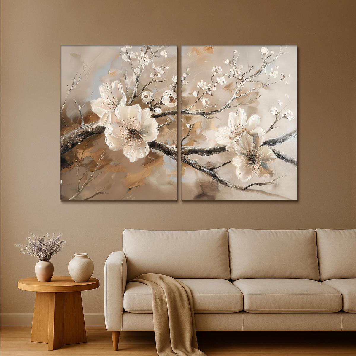 LEINWANDBILD 2er Set Blüte - Beige - Abstrakt - Blumen 180x120 cm - Hellbraun, Textil (180/120cm) - MuchoWow
