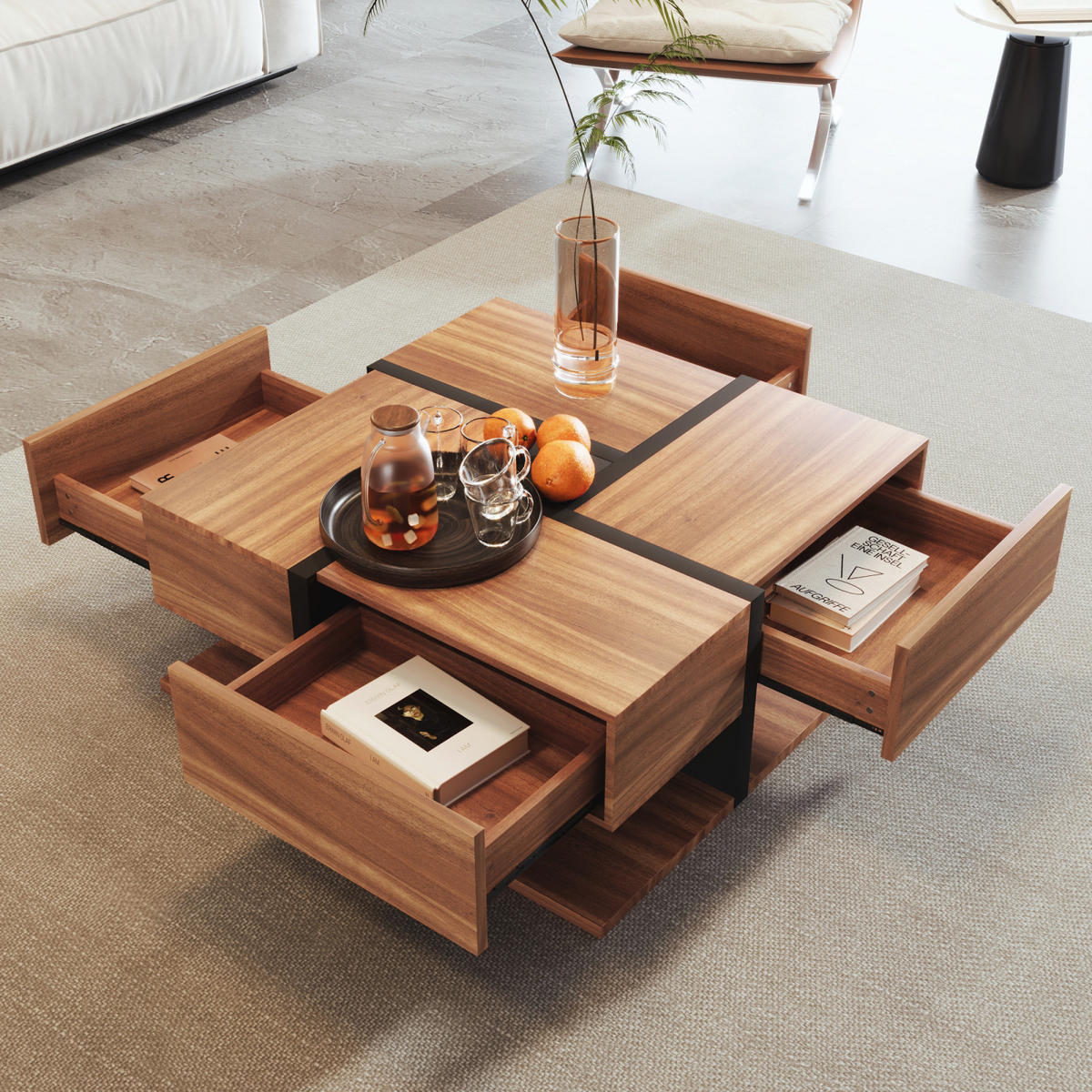 COUCHTISCH Schwarz Holzoptik mit 4 Schubladen und 2 Ablagen - Cognac, Metall (78/78/36cm)
