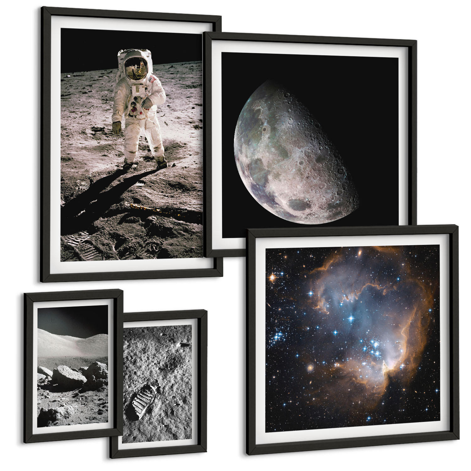 BILDER SET 5er Set - 50x50 cm & 20x30 cm & 40x60 cm Schwarzer Rahmen - Astronautenfoto vom Mond - Schwarz, Kunststoff (40/60cm) - TULUP