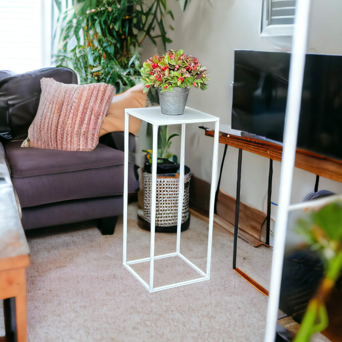DANDIBO Blumenhocker Metall Weiß Eckig 60 cm Blumenständer Beistelltisch 96482 M Blumensäule Modern Pflanzenständer Pflanzenhocker - Weiß, Metall (23/60/23cm) - DanDiBo