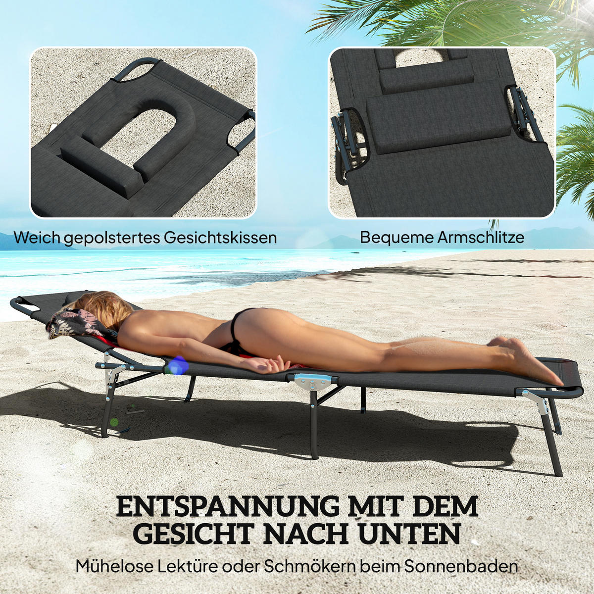 SONNENLIEGE klappbar Gartenliege mit Kopfkissen, Gesichtsloch Liegestuhl Grau - Schwarz, Textil/Metall (58/36/187cm) - Outsunny
