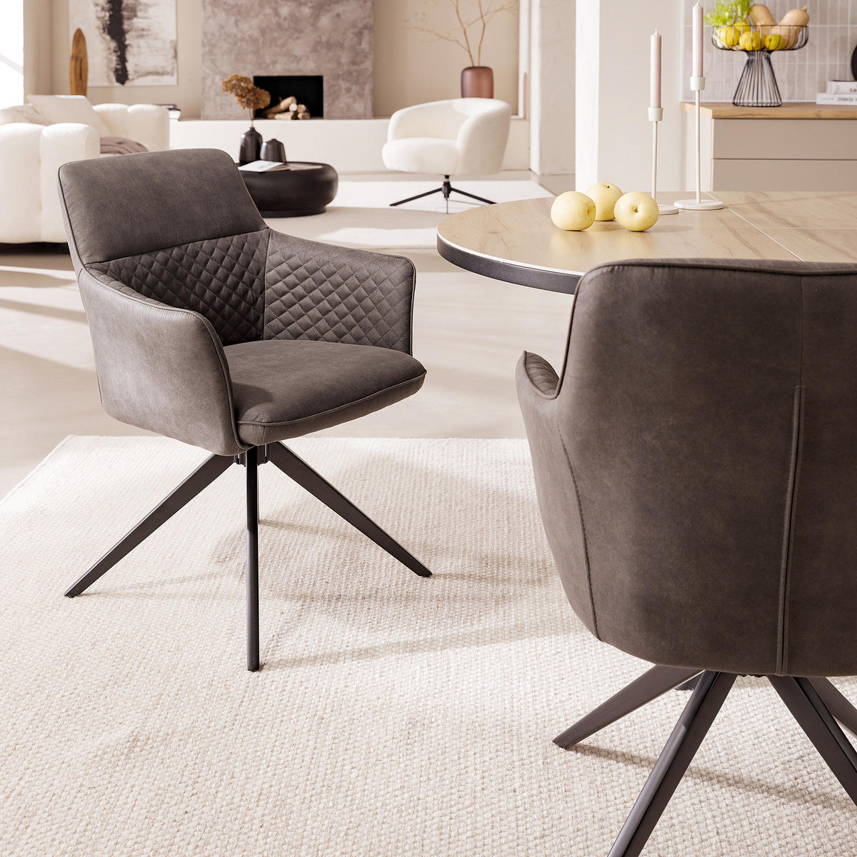 DREHBARER ARMLEHNENSTUHL - 2er-Set - Microfaser - Dunkelgrau, Textil/Metall (62/90/63cm) - home24