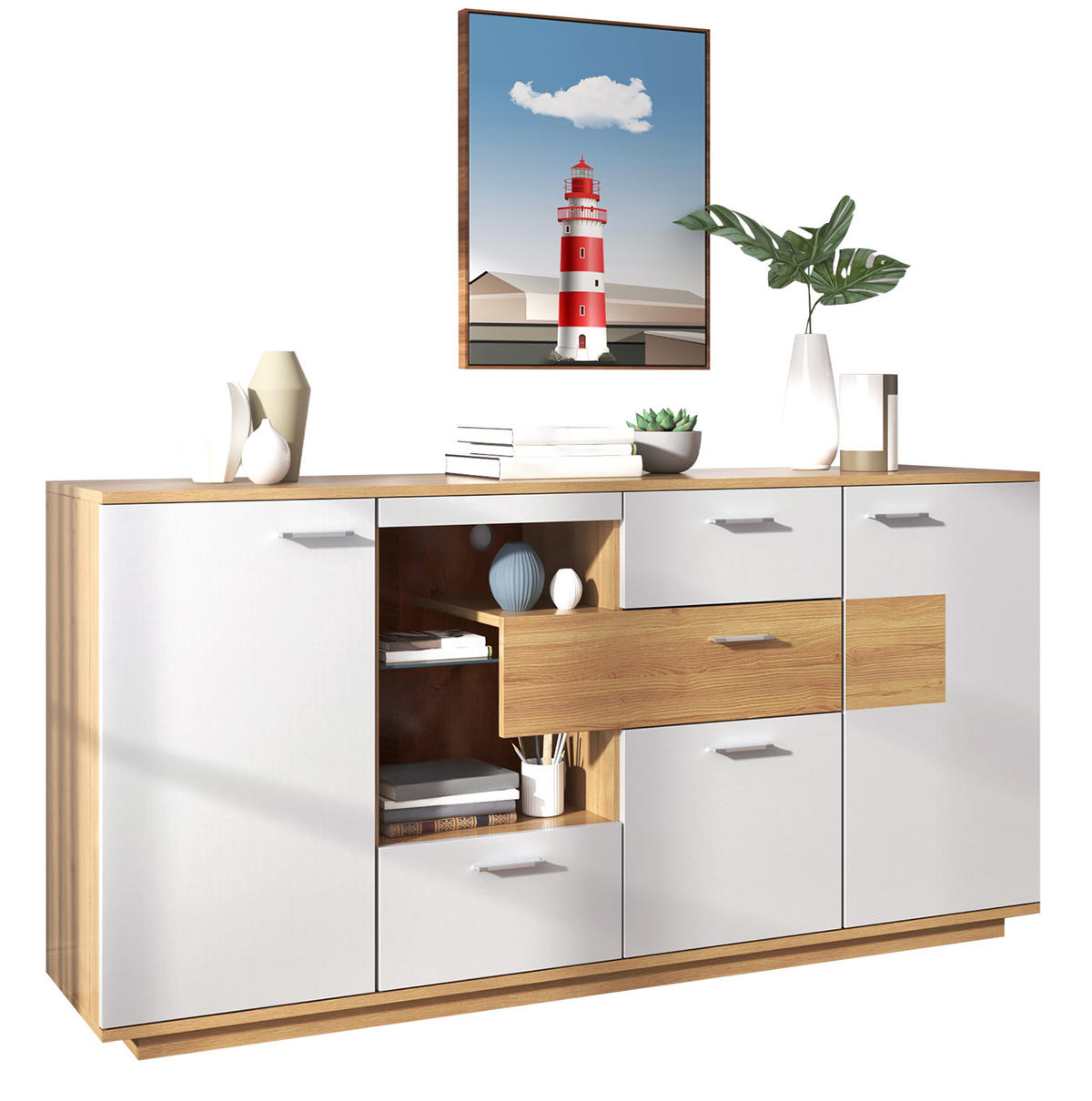 SIDEBOARD 160/40/77 cm in Weiß und Holzoptik mit LED-Beleuchtung und 4 Schubladen - Naturfarben, Holzwerkstoff (160/77/40cm) - Flora Grace
