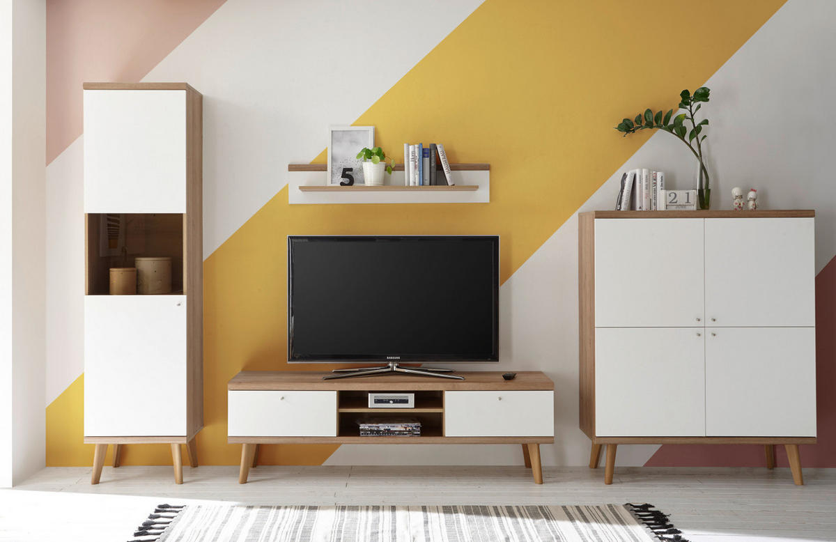 WOHNWAND weiß Eiche Riviera, Schrankwand skandinavisch 4-teilig 337 x 197 cm - Eichefarben/Weiß, Holzwerkstoff/Metall (337/197/40cm)