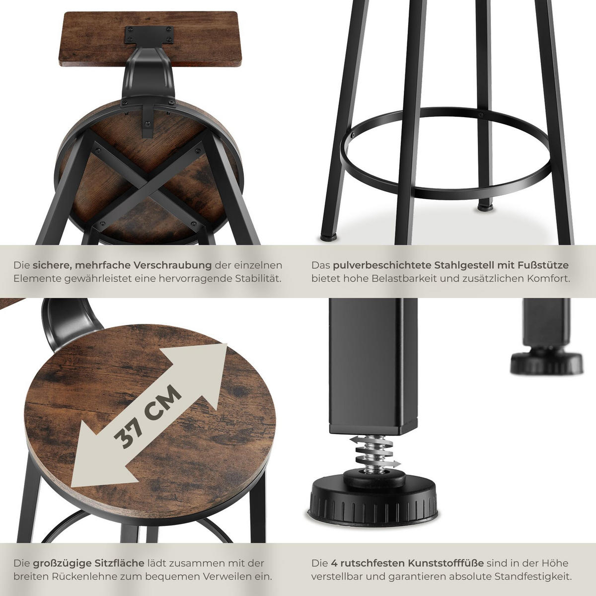 SET BARHOCKER Poole, Sitzhöhe 73 cm, Industrial Holz dunkel, rustikal - Rostfarben, Holzwerkstoff/Textil (54/101.5/54cm) - tectake