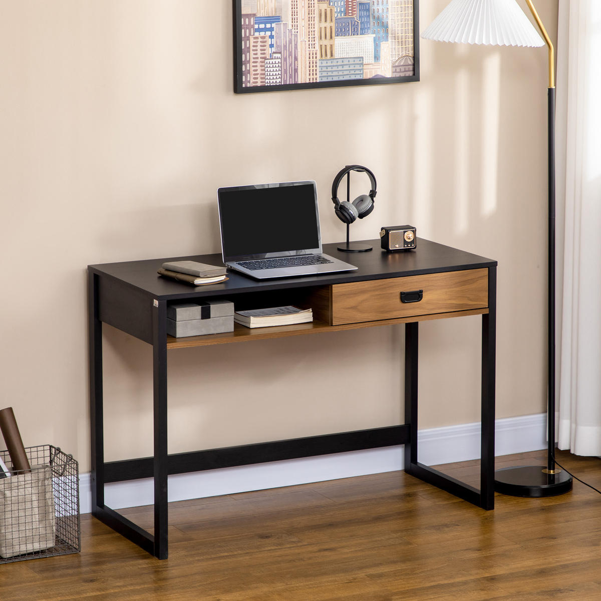 BÜROTISCH Walnuss und Schwarz 1 Stück - Multicolor, Holzwerkstoff (107/60/76cm) - GiPP