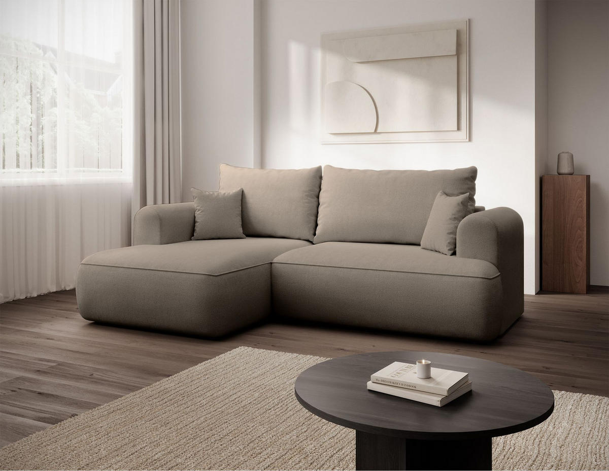 ECKSCHLAFSOFA Ovo Mini Greige Easy-Clean-Chenille-Bezug - Taupe/Schwarz, Kunststoff/Textil (238/156cm) - Selsey