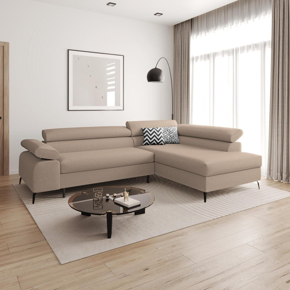 ECKSCHLAFSOFA Mellow mit Bettkasten, Hellbraun, rechts - Hellbraun/Schwarz, Textil (270/205cm) - Beautysofa