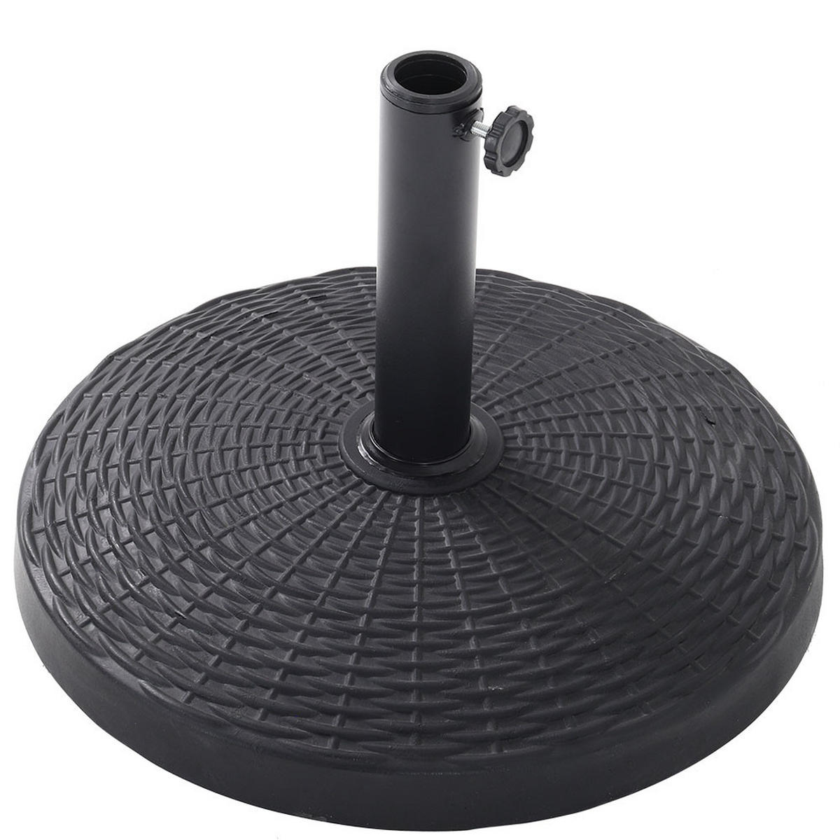 SONNENSCHIRMSTÄNDER Sonnenschirmfuß mit Rollen aus PE + Concrete in Rattanoptik Schwarz wetterfest und standfest ohne Befüllen Ø45 × 30 cm 25 kg - Schwarz, Metall (57/51cm) - Livingandhome