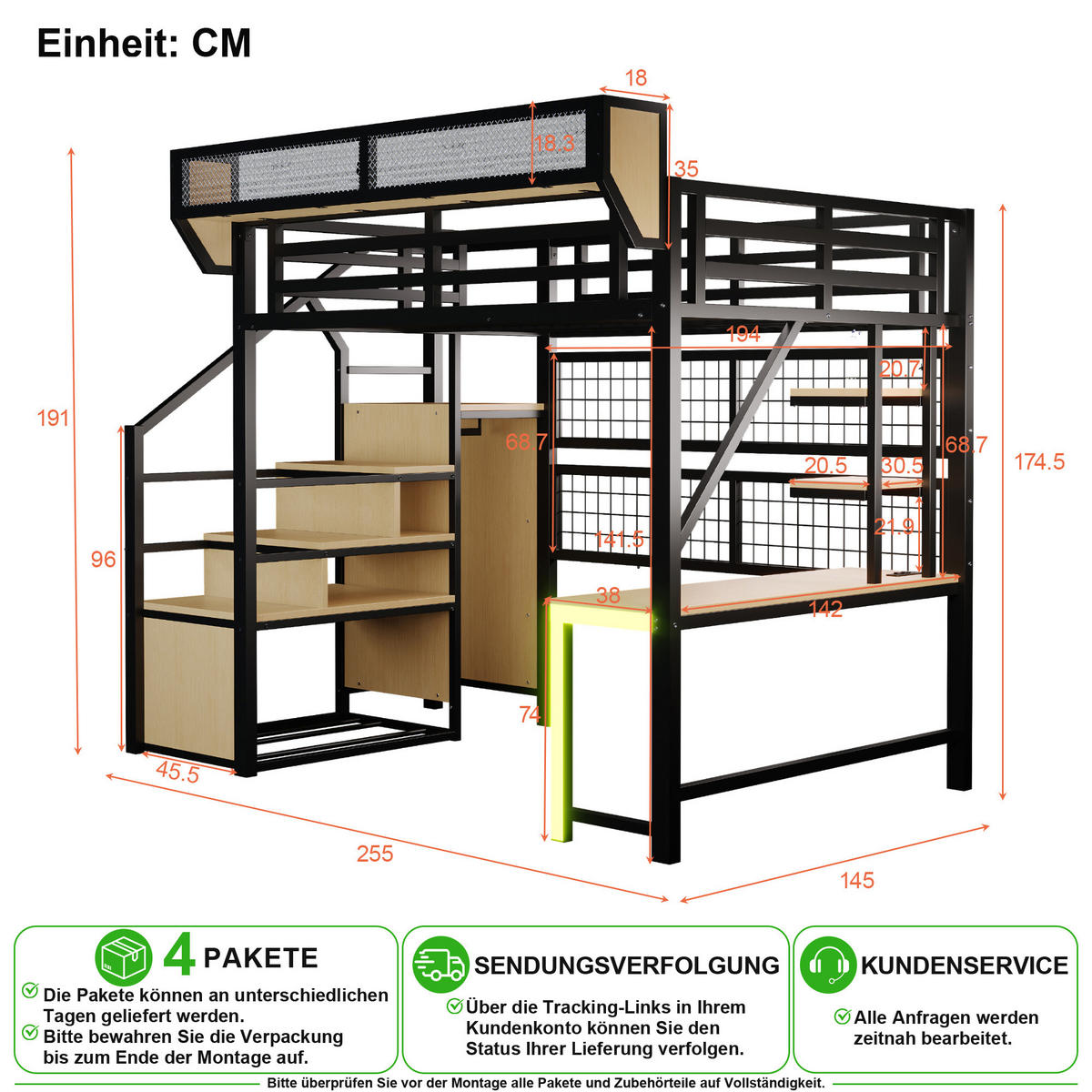 HOCHBETT 140/200 cm in Schwarz mit LED, Steckdose, Schreibtisch, Regal und Sicherheitsleiter - Schwarz/Naturfarben, Holzwerkstoff/Metall (140/200cm) - CHICFURN