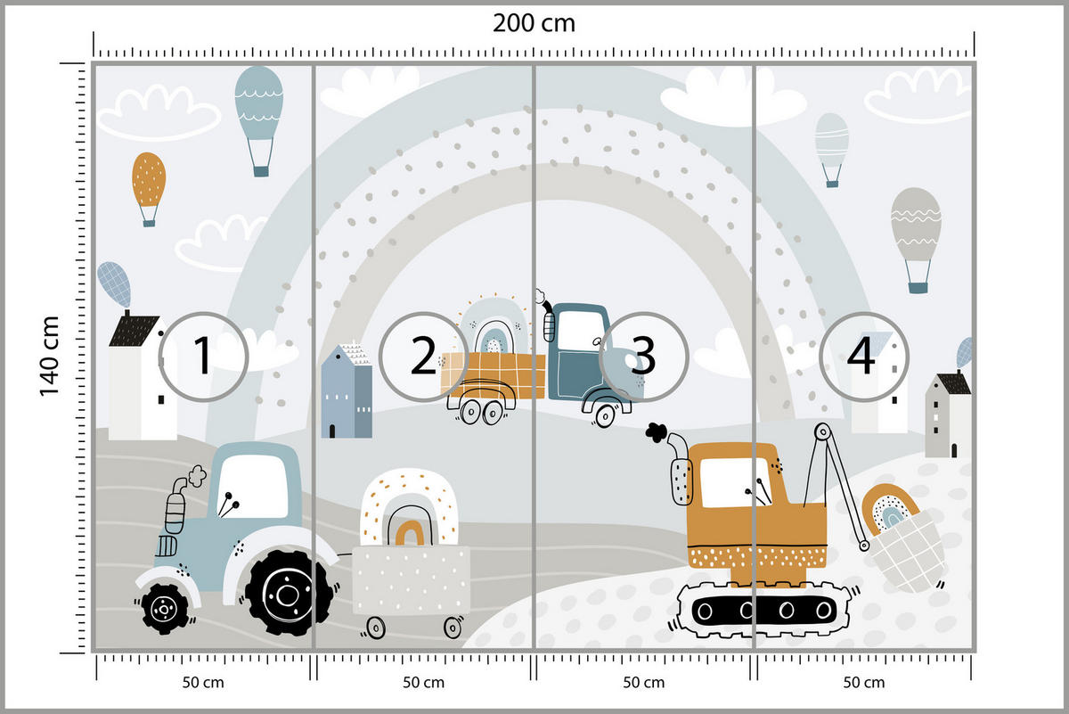 FOTOTAPETE für Kinderzimmer Baumaschinen Regenbogen Hügel Wolken 200x140 - Blau/Beige, Papier (200/140cm) - Muralo