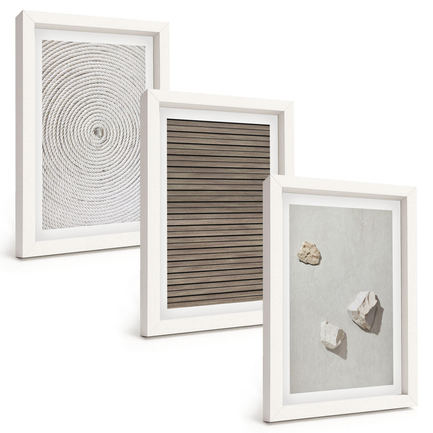 BILDER SET 3er Set - 20x30 cm Weißer Rahmen - Natürliche Texturen Holz Stein - Weiß, Kunststoff (20/30cm) - TULUP