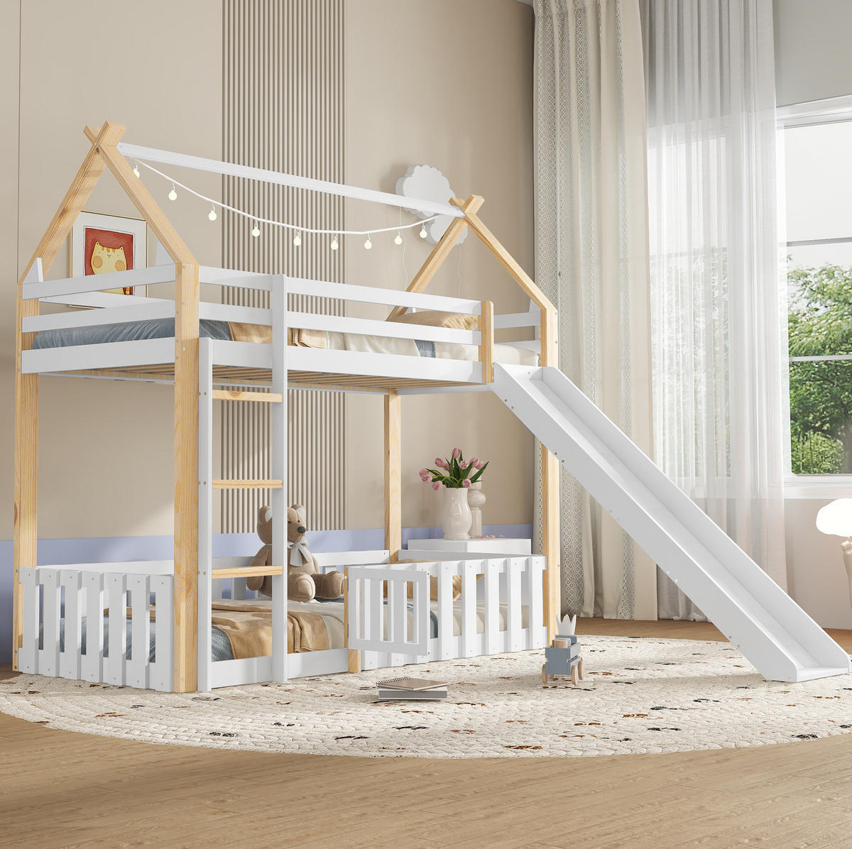 ETAGENBETT 90/200 cm mit Rutsche, Dachform, Freiraum mit Zaun und Leiter, Weiß/Natur - Weiß, Holzwerkstoff (90/200cm) - Redom