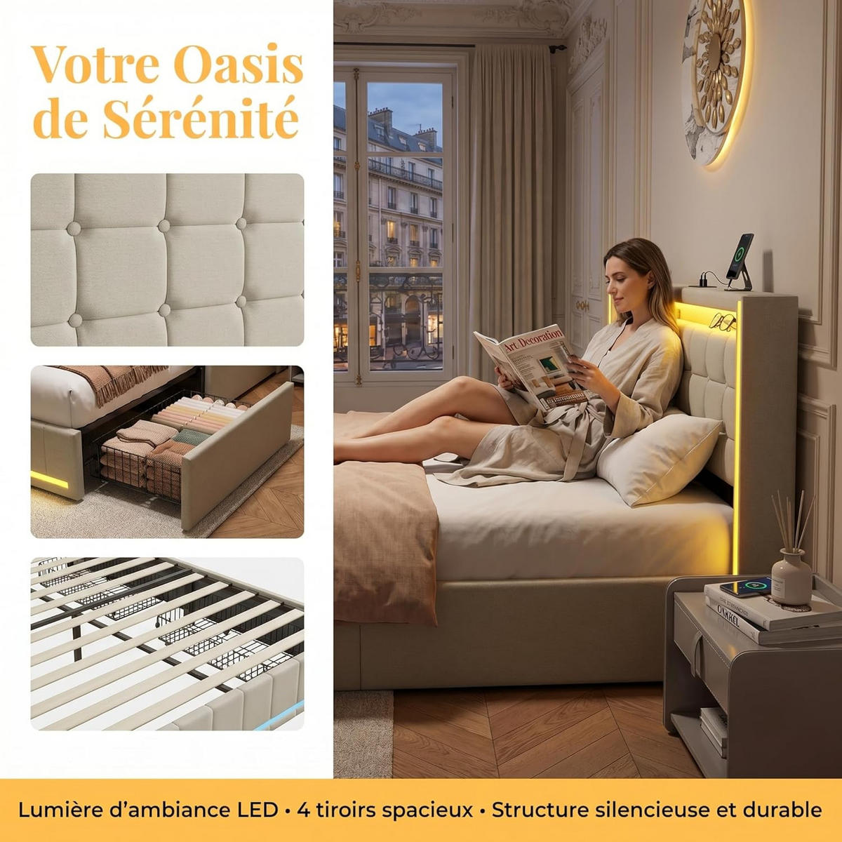 POLSTERBETT Beige 140x200 cm mit 4 Schubladen, LED und Ladefunktion - Beige, Holz/Metall (140/200cm) - PARAFTA HOME
