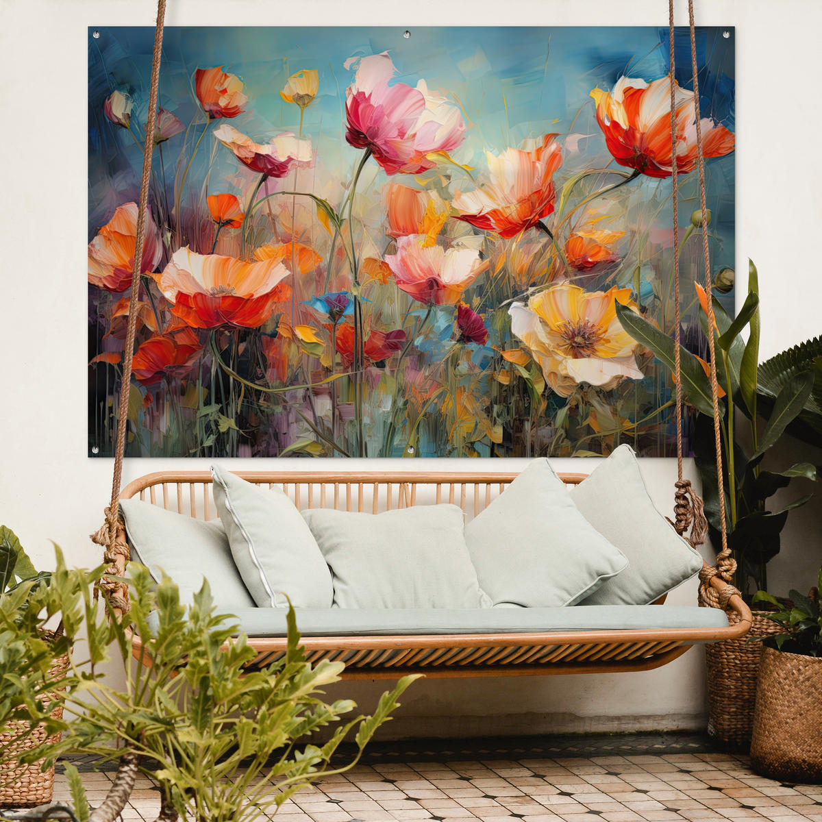 ZAHRADNÍ PLAKÁT Květiny - Akvarel - Umění - Botanické - Příroda 180x120 cm - pomerančová, plast (180/120/0.2cm) - OnlyWow
