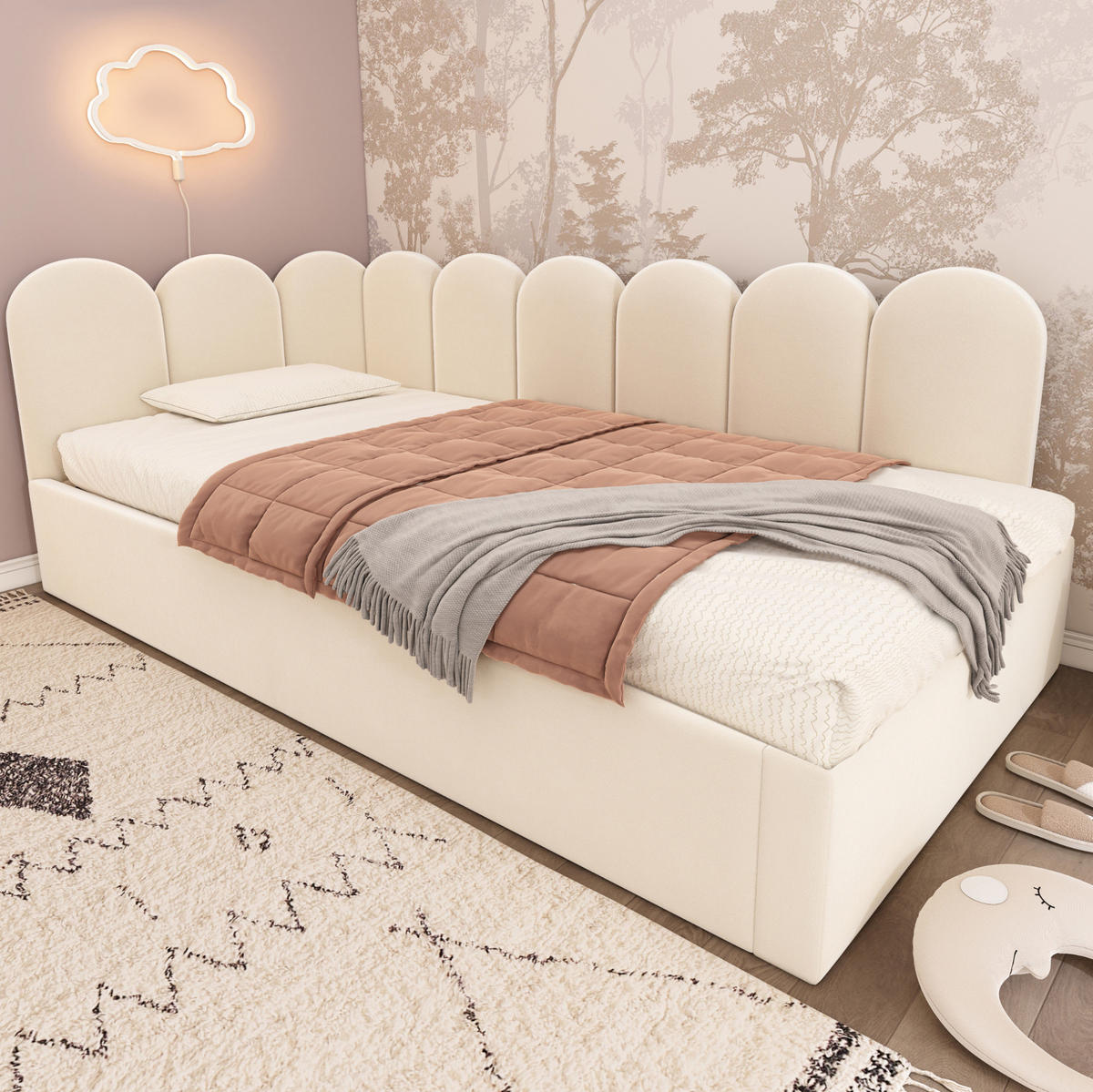 AUSZIEHBETT 90/200 cm mit Ausziehbett 90/190 cm aus Samt in Beige - Beige, Textil (90/200cm) - Flora Grace