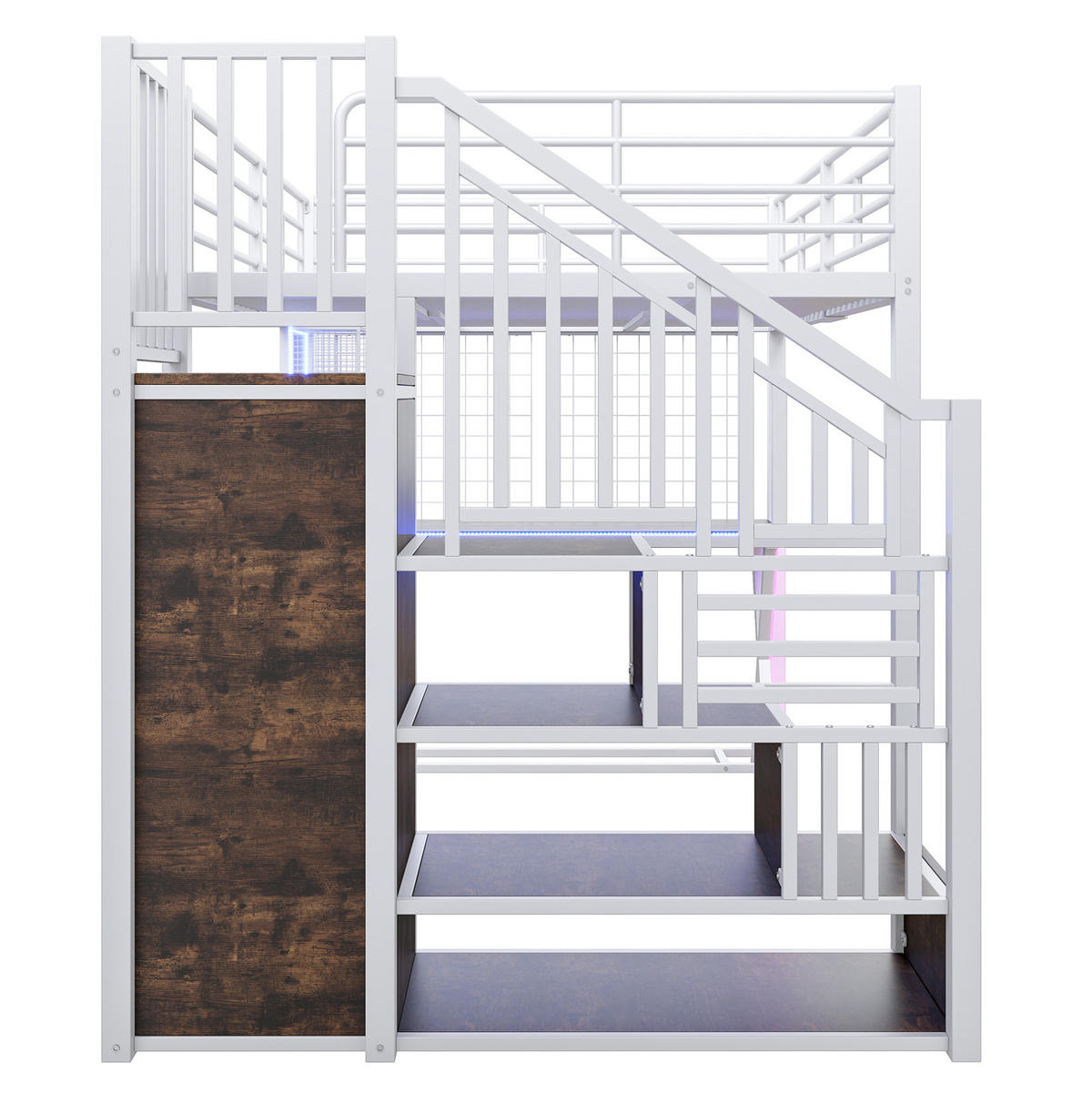 HOCHBETT 140/200 cm Weiß mit LED-Beleuchtung, Schreibtisch und Kleiderschrank - Weiß, Metall (140/200cm) - Flora Grace
