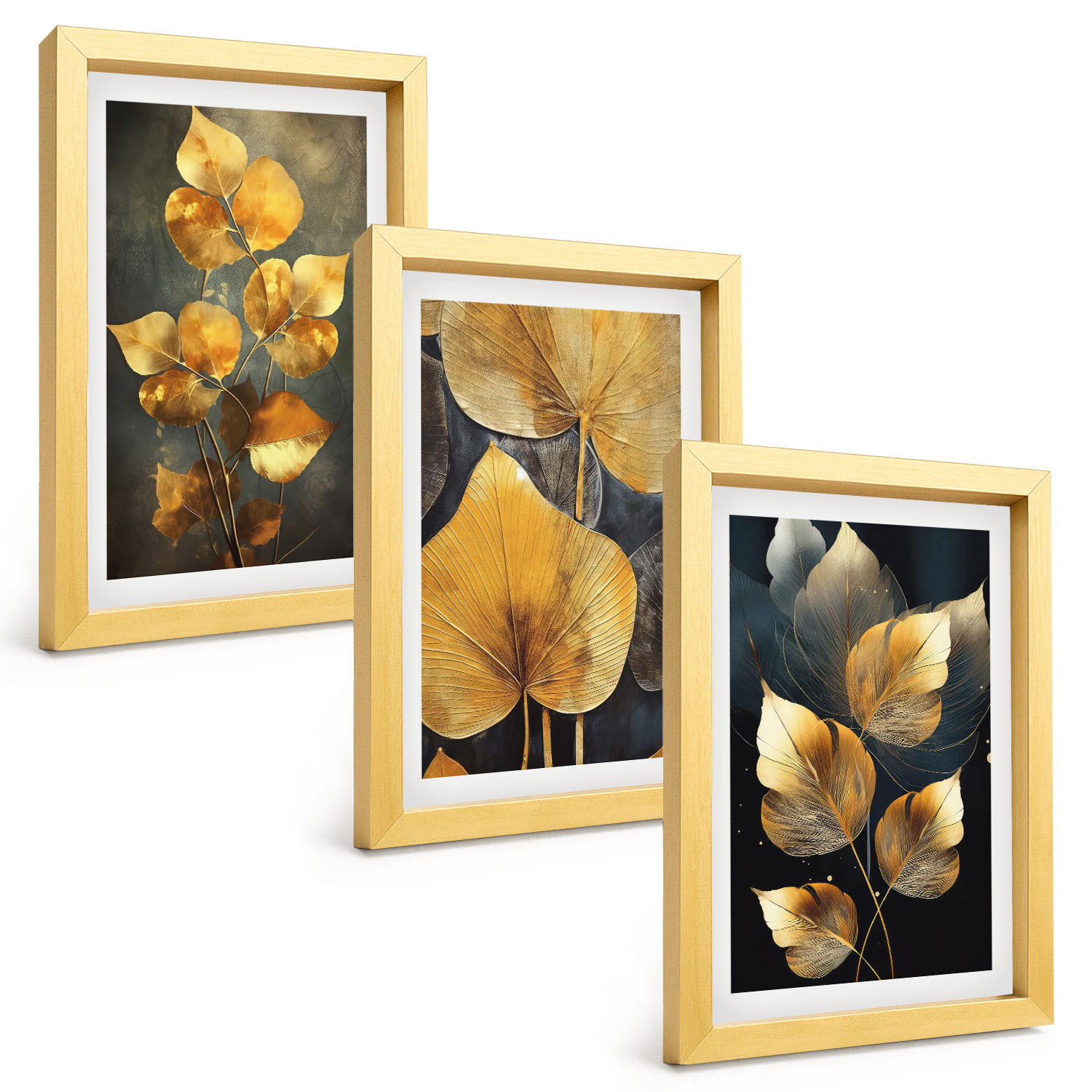 BILDER SET 3er Set - 20x30 cm Goldrahmen - Gelbe Blätter auf dunklem Hintergrund - Goldfarben, Kunststoff (20/30cm) - TULUP