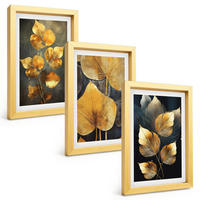 BILDER SET 3er Set - 20x30 cm Goldrahmen - Gelbe Blätter auf dunklem Hintergrund - Goldfarben, Kunststoff (20/30cm) - TULUP