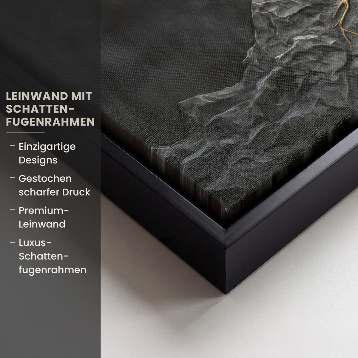 LEINWAND Bilder mit Rahmen - Blätter - Gold - Baum - Fels - 30x20 - Schwarz, Textil (30/20cm) - MuchoWow