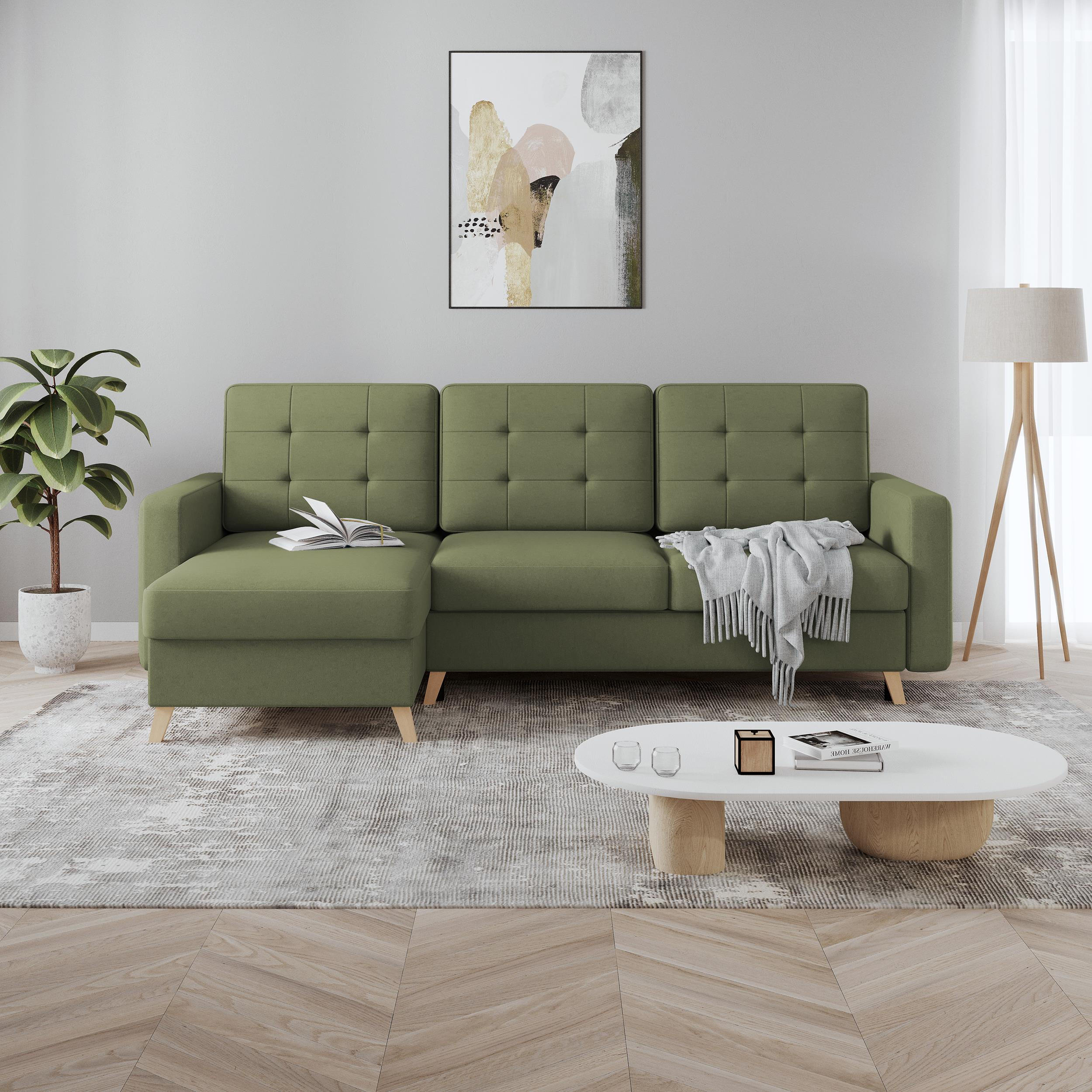 ECKSCHLAFSOFA Vinci mit universelle Ottomane, Grün - Buchefarben/Grün, Textil (236/151cm) - Beautysofa