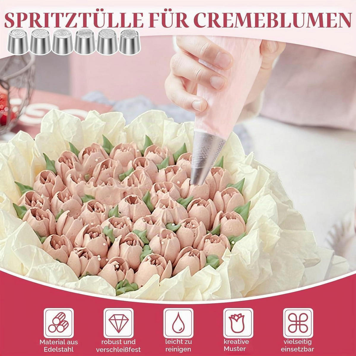 SPRITZTÜLLEN-SET 6-teilig Edelstahl Blumenmuster - Silberfarben, Metall (4.5/4.5/4.5cm)
