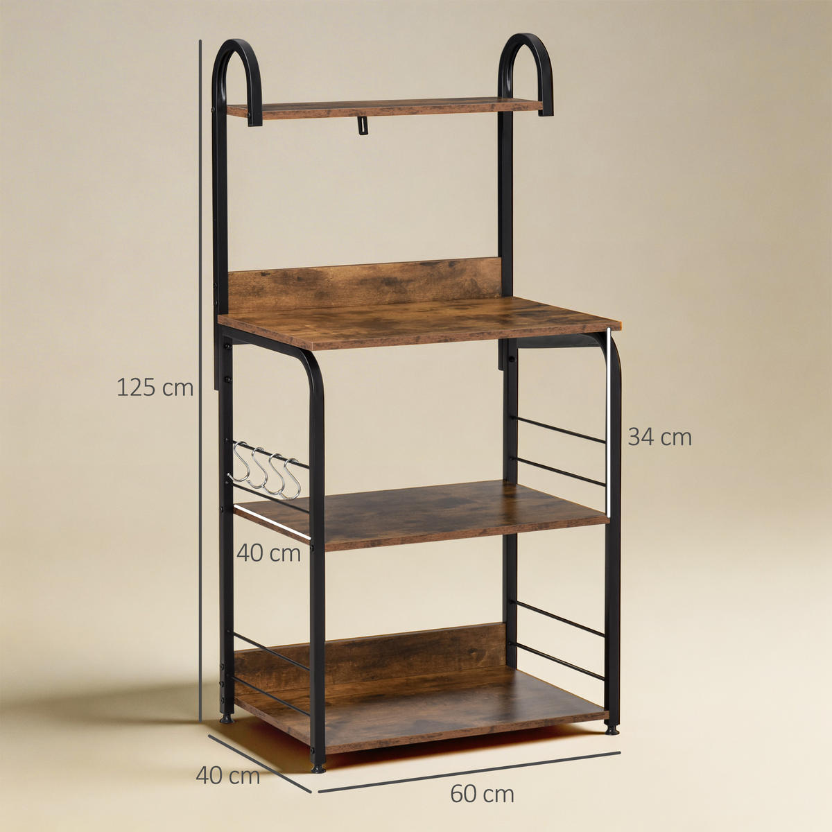 KÜCHENREGAL Holzwerkstoff, Stahl Rustikal-Braun - Braun, Holzwerkstoff (40/125/60cm) - HOMCOM