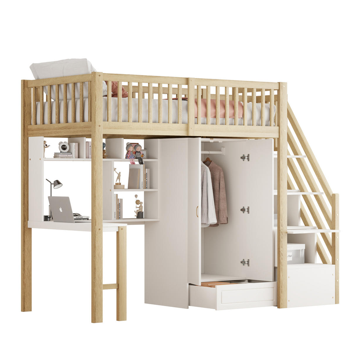 HOCHBETT 90/200 cm Naturholz mit Kleiderschrank und Tisch - Naturfarben, Holz (90/200cm) - OKWISH