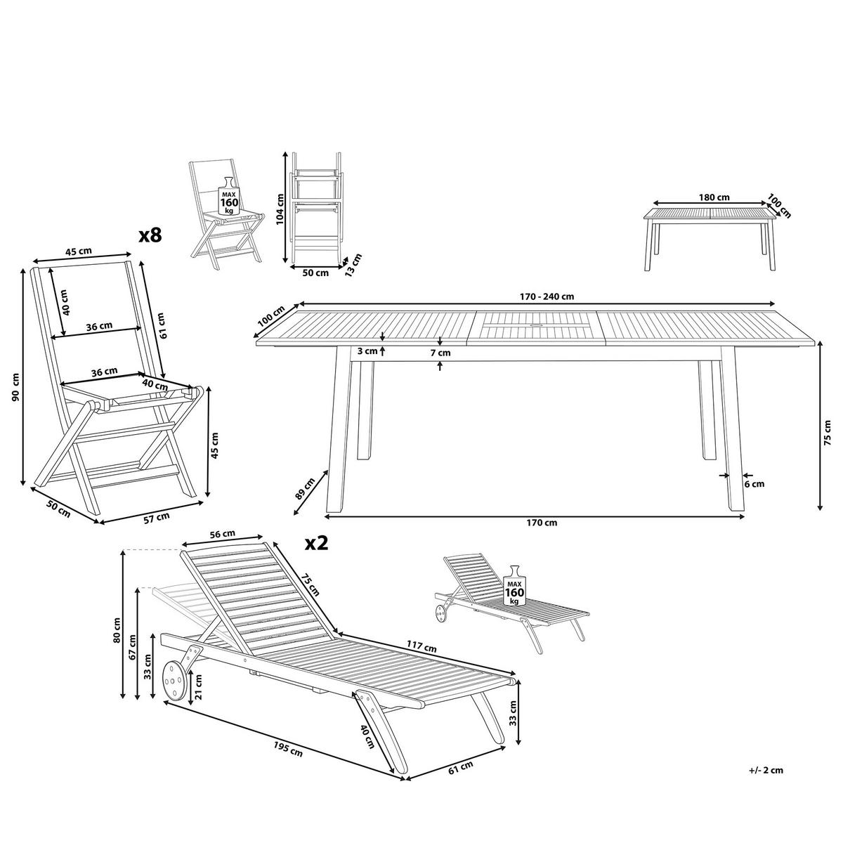 GARTENMÖBEL SET 8-Sitzer Akazienholz 8-Sizer Textilbespannung grau 11-teilig Cesana - Hellbraun/Grau, Holz - Beliani