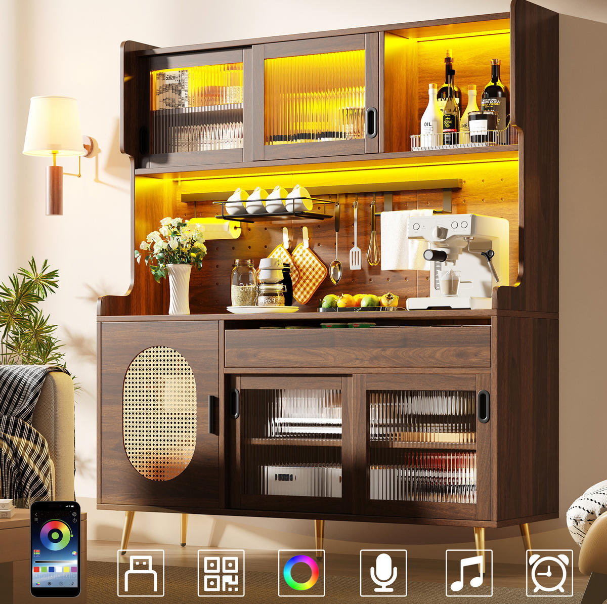 BUFFETSCHRANK mit LED-Lichtleiste 145 x 39 x 171 cm MDF Braun - Braun, Holzwerkstoff (39/171/145cm) - Meubliv