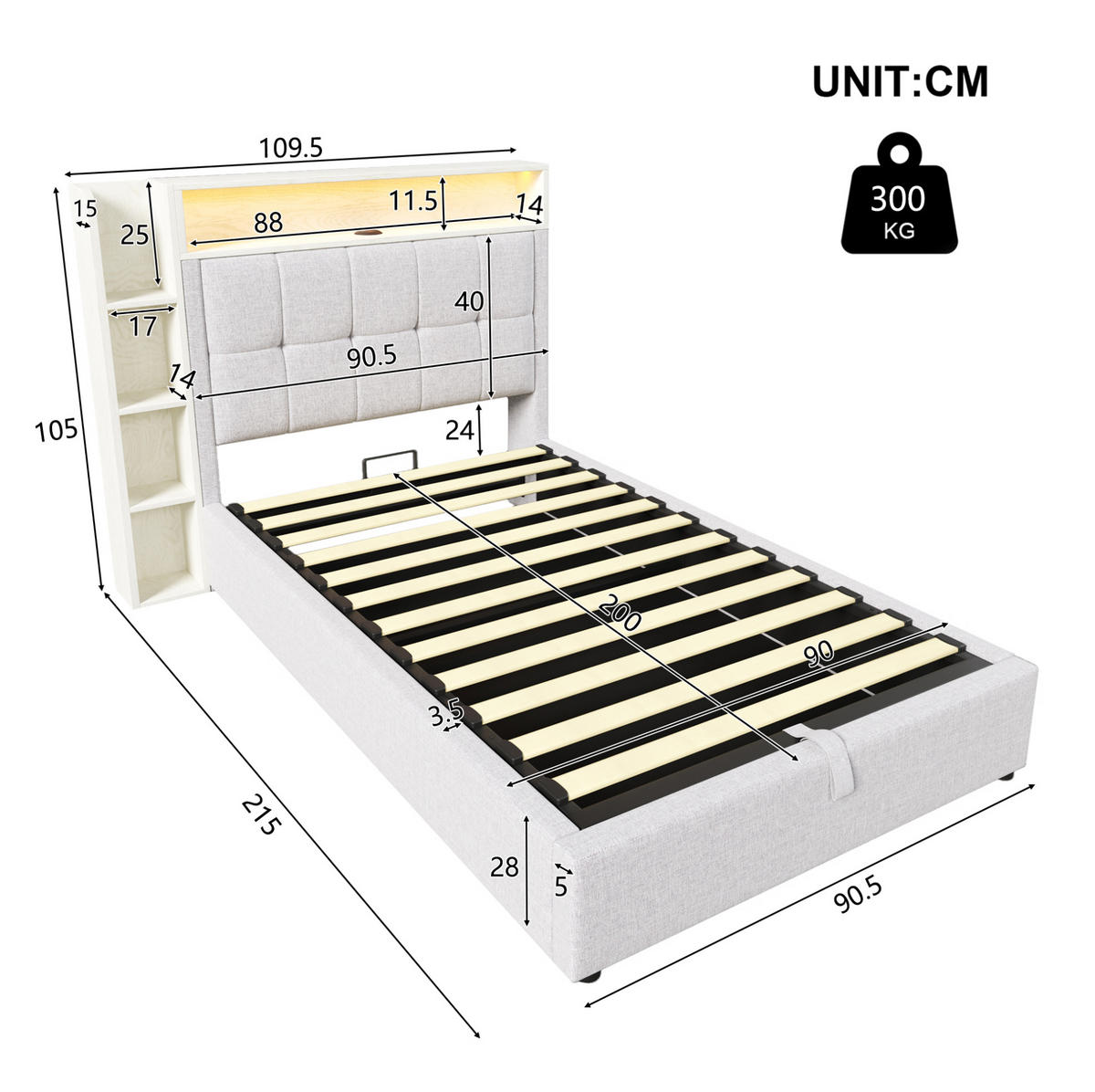 POLSTERBETT 90/200 cm mit Bettkasten, LED-Beleuchtung und USB/Typ-C in Beige - Beige, Textil (90/200cm) - BEAOK