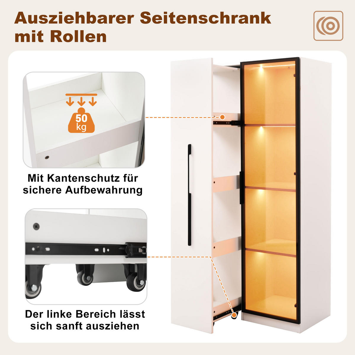 VITRINE 160cm Glas LED Aluminium Rollen modern - Weiß, Holzwerkstoff (70/160/40cm) - FLIEKS