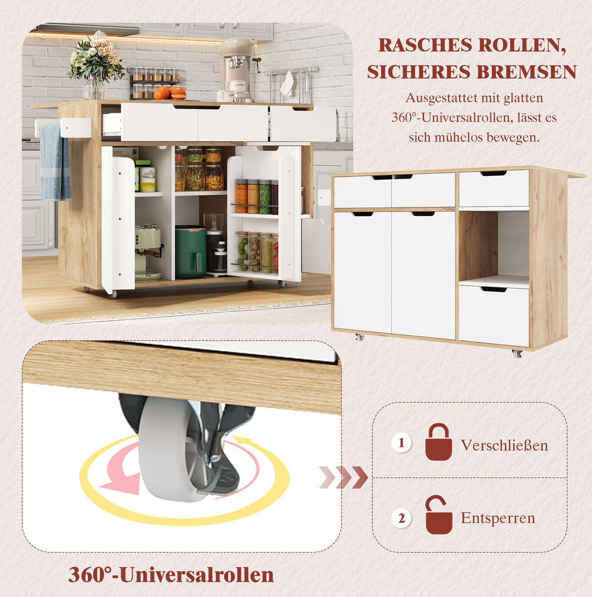 SCHRANK/SIDEBOARD 120x46x85cm Weiß mit 360°Rollen, Schubladen & Fächern - Weiß, Holzwerkstoff (120/85/46cm) - Modfu