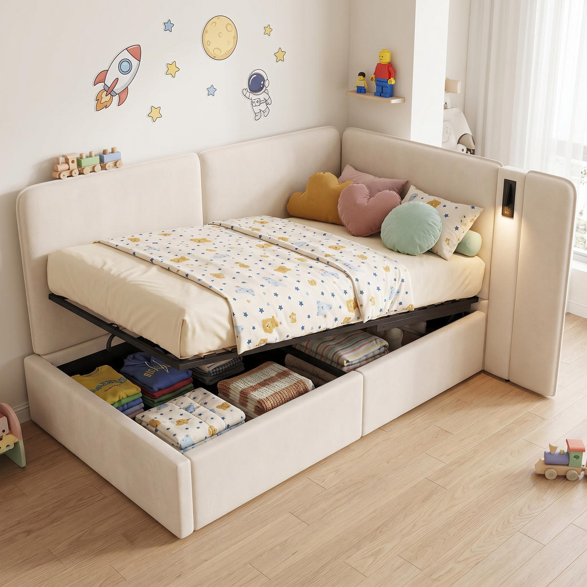 POLSTERBETT 90/200 cm in Beige mit Bettkasten, USB, Type-C und Leselampe Samt - Beige, Holzwerkstoff/Textil (90/200cm) - STILVORA