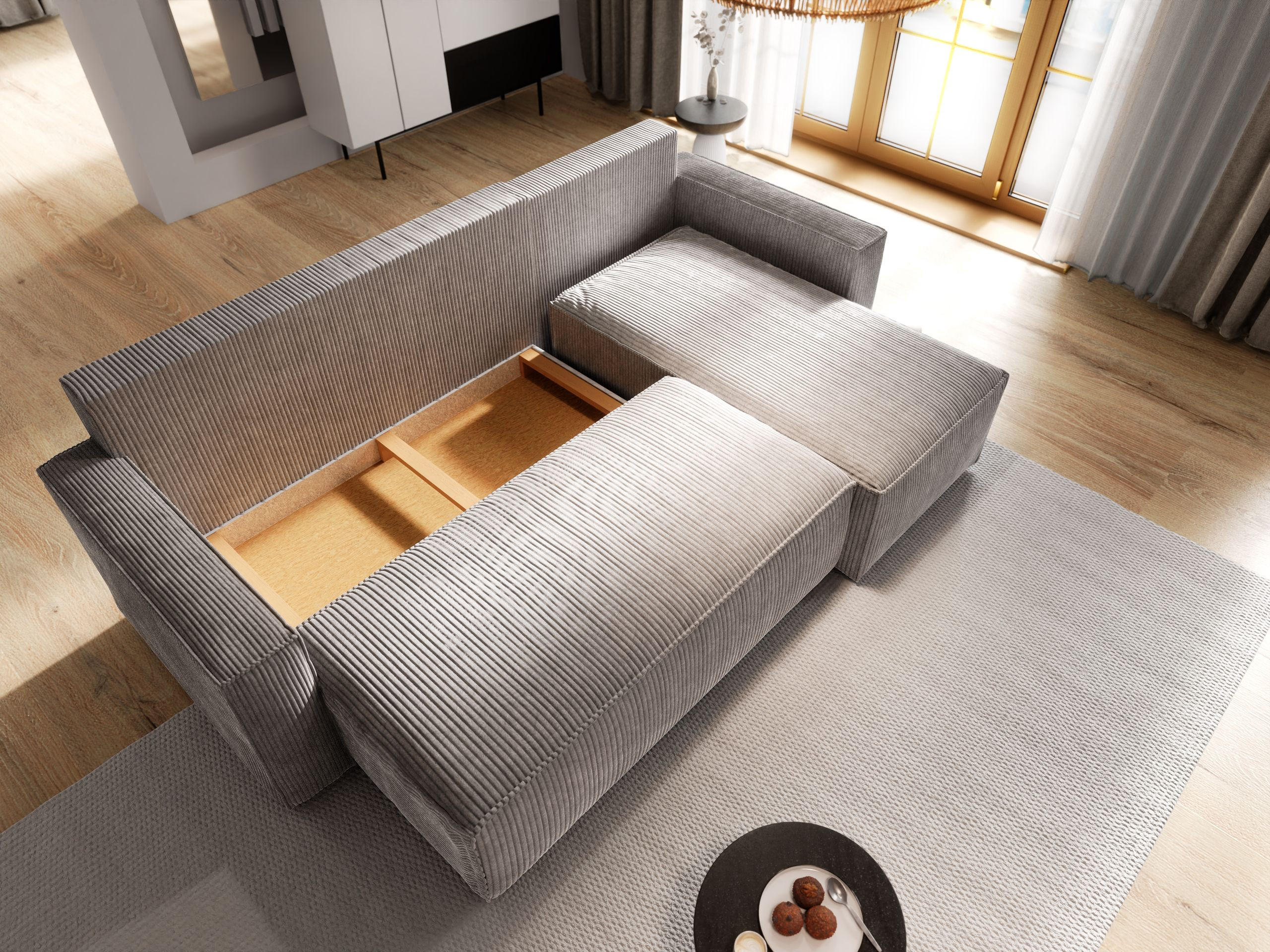 ECKSOFA POTARO Creme Kordstoff mit Schlaffunktion - Creme, Holz (232/140cm) - MASSENO
