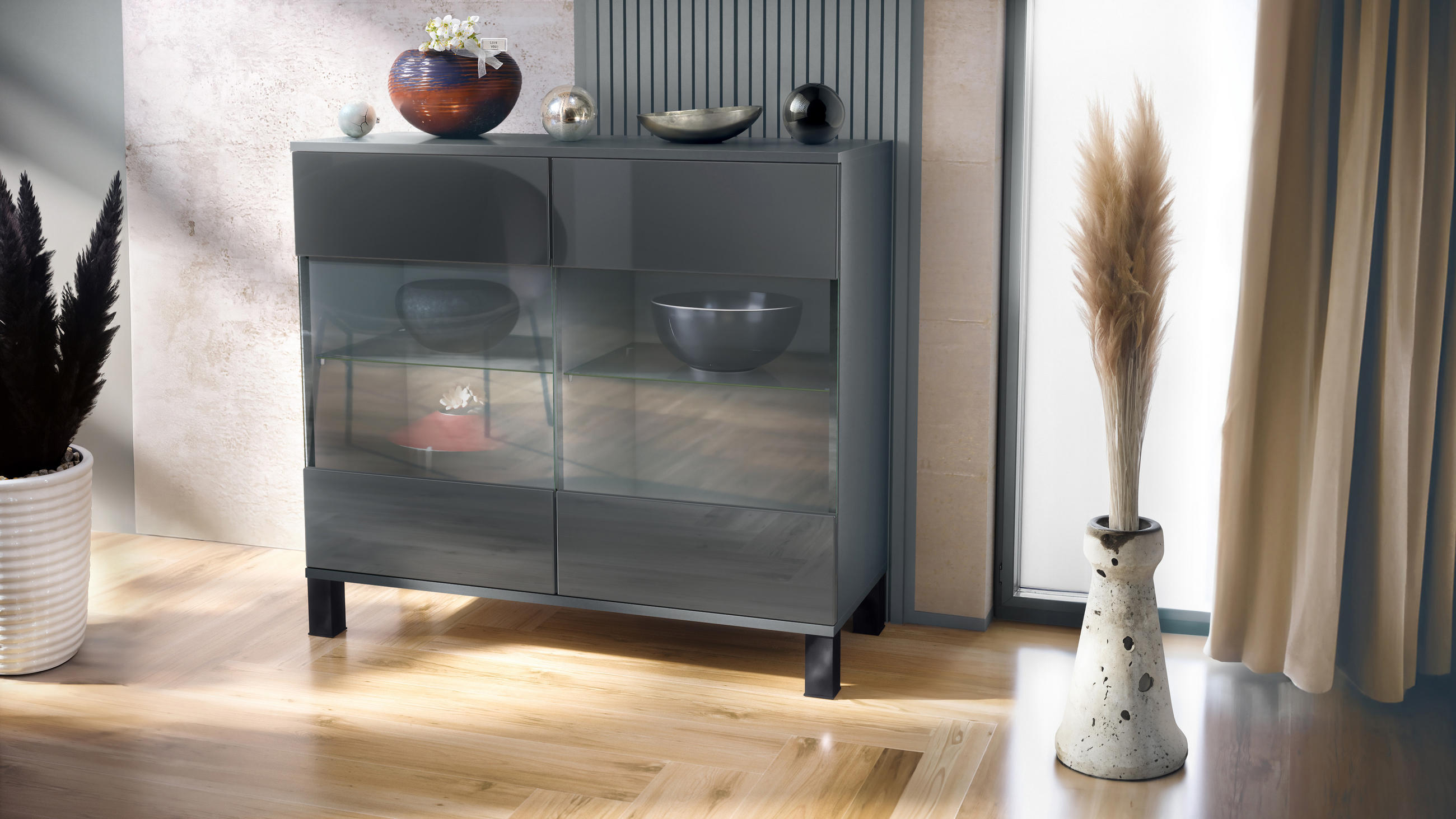 KOMMODE Bari Grau Hochglanz - Grau, Holzwerkstoff (92.5/84.5/35cm) - Vladon