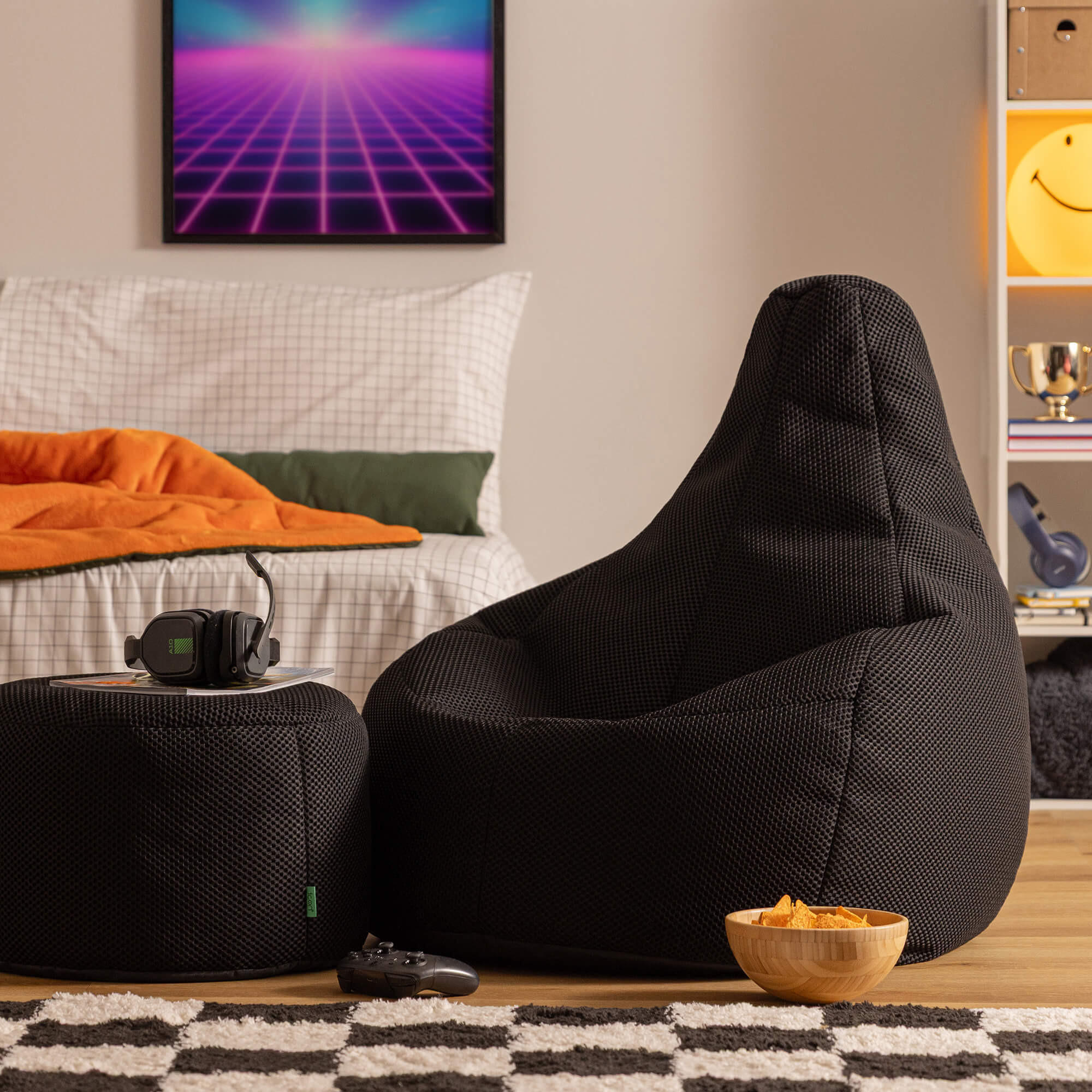 SITZSACK mit Hocker Techmesh Gaming - Schwarz, Textil (90/73/84cm) - icon